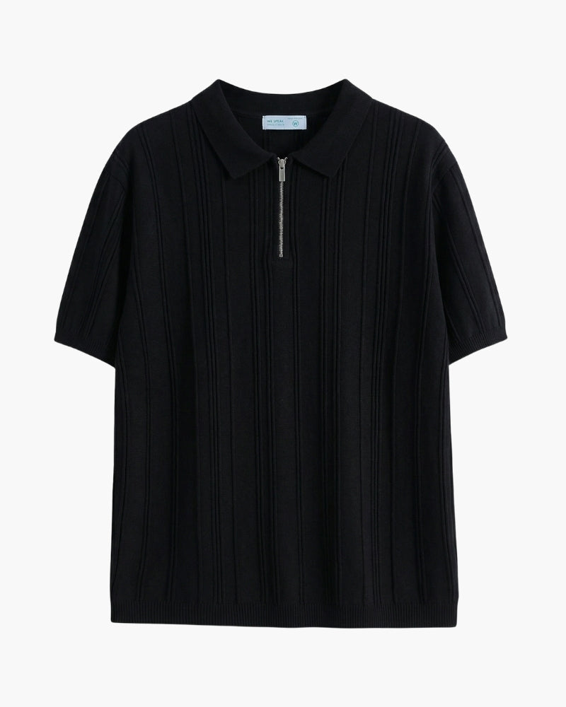 Men's Vertical-Stripe Knit Polo With a Short Zip - Black