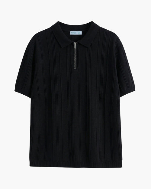 Men's Vertical-Stripe Knit Polo With a Short Zip - Black