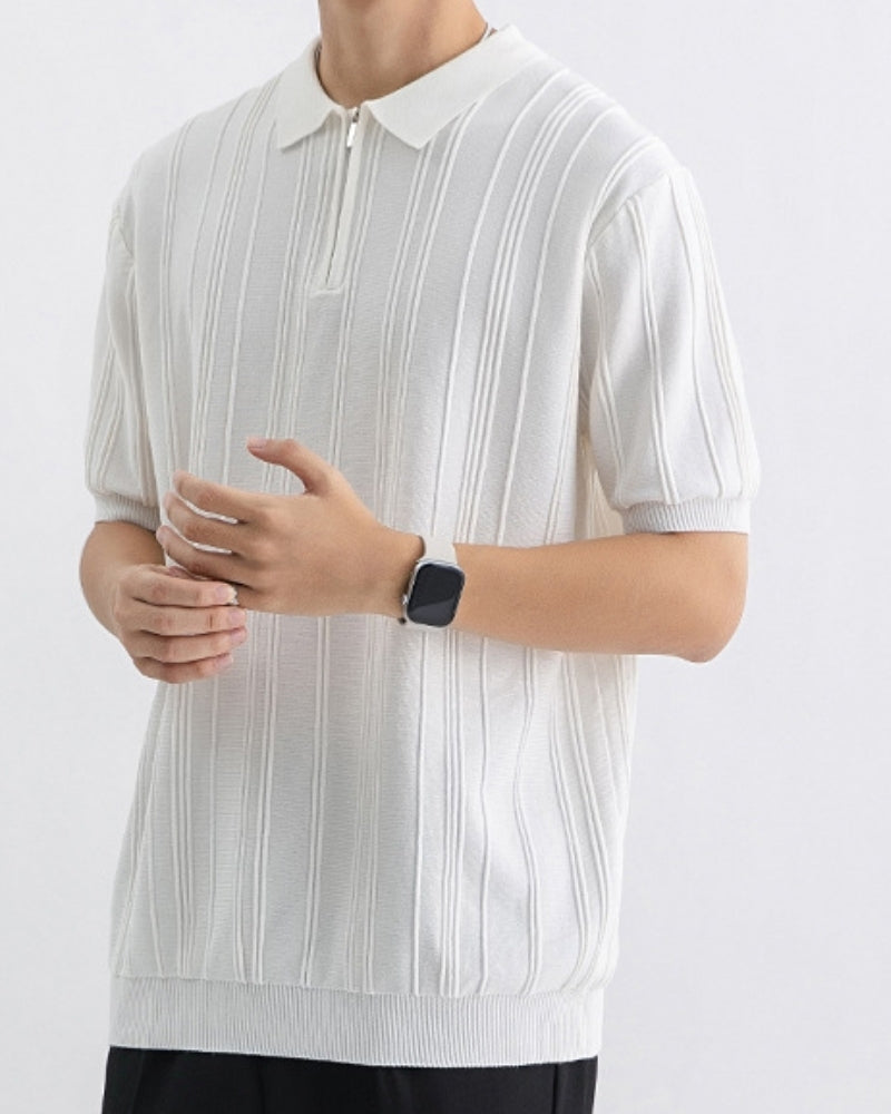 Men's Vertical-Stripe Knit Polo With a Short Zip - White