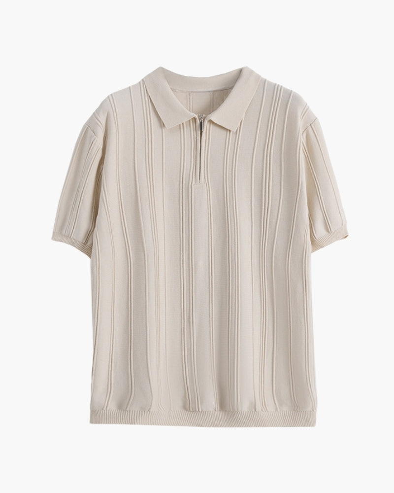 Men's Vertical-Stripe Knit Polo With a Short Zip - Beige