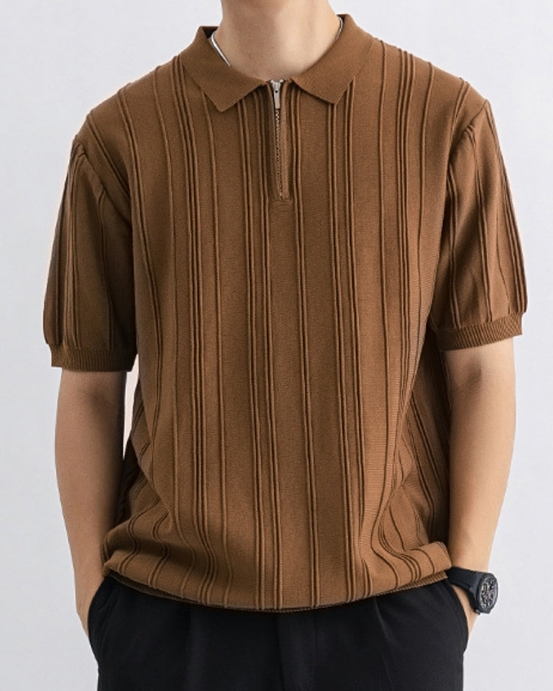 Men's Vertical-Stripe Knit Polo With a Short Zip - Brown