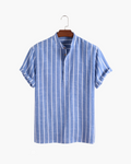 Men's Vertical-Stripe Short-Zip Polo With a Band Neck - Blue