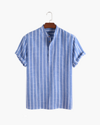 Men's Vertical-Stripe Short-Zip Polo With a Band Neck - Blue