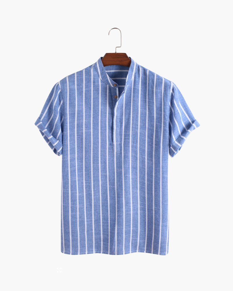 Men's Vertical-Stripe Short-Zip Polo With a Band Neck - Blue