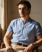 Men's Vertical-Stripe Short-Zip Polo With a Band Neck - Blue