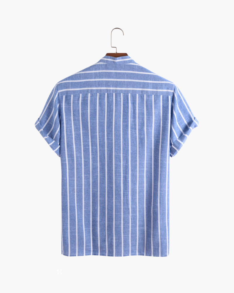 Men's Vertical-Stripe Short-Zip Polo With a Band Neck - Blue