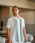 Men's White Button Polo With Twin Front Stripes - White
