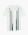 Men's White Button Polo With Twin Front Stripes - White