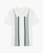 Men's White Button Polo With Twin Front Stripes - White