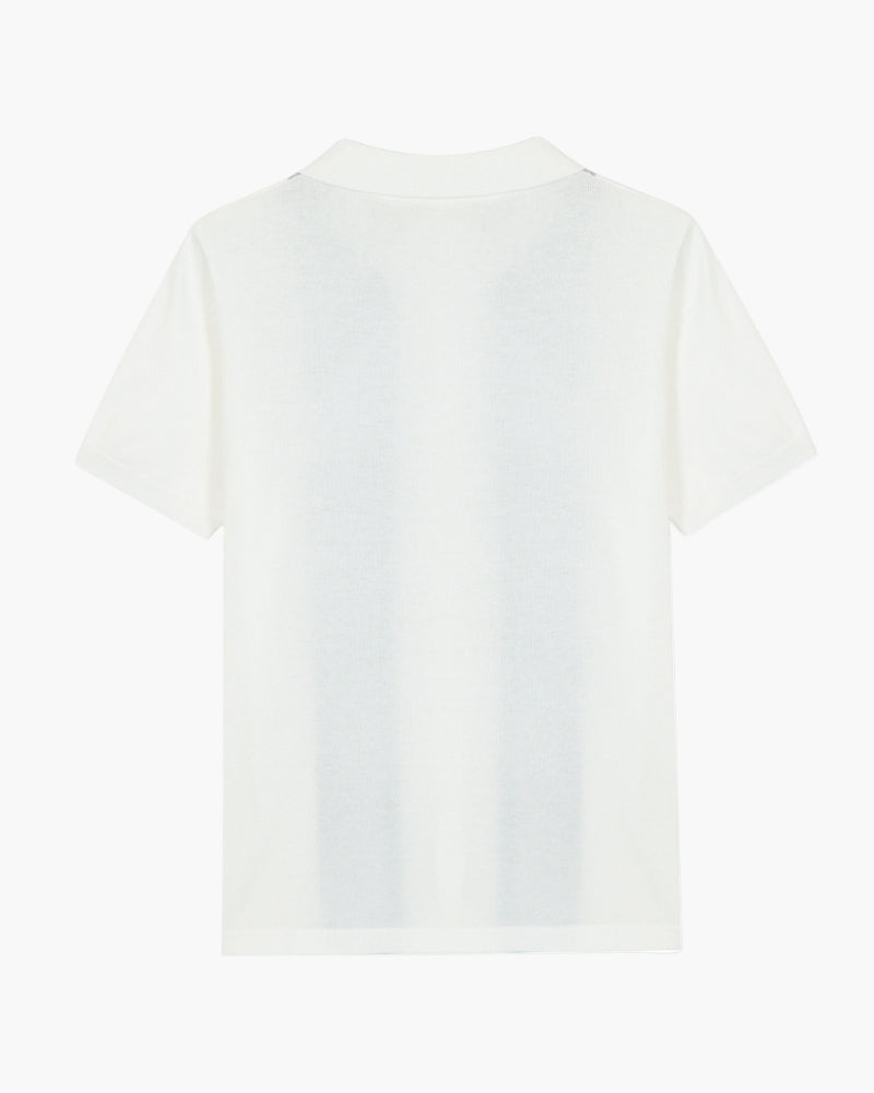 Men's White Button Polo With Twin Front Stripes - White
