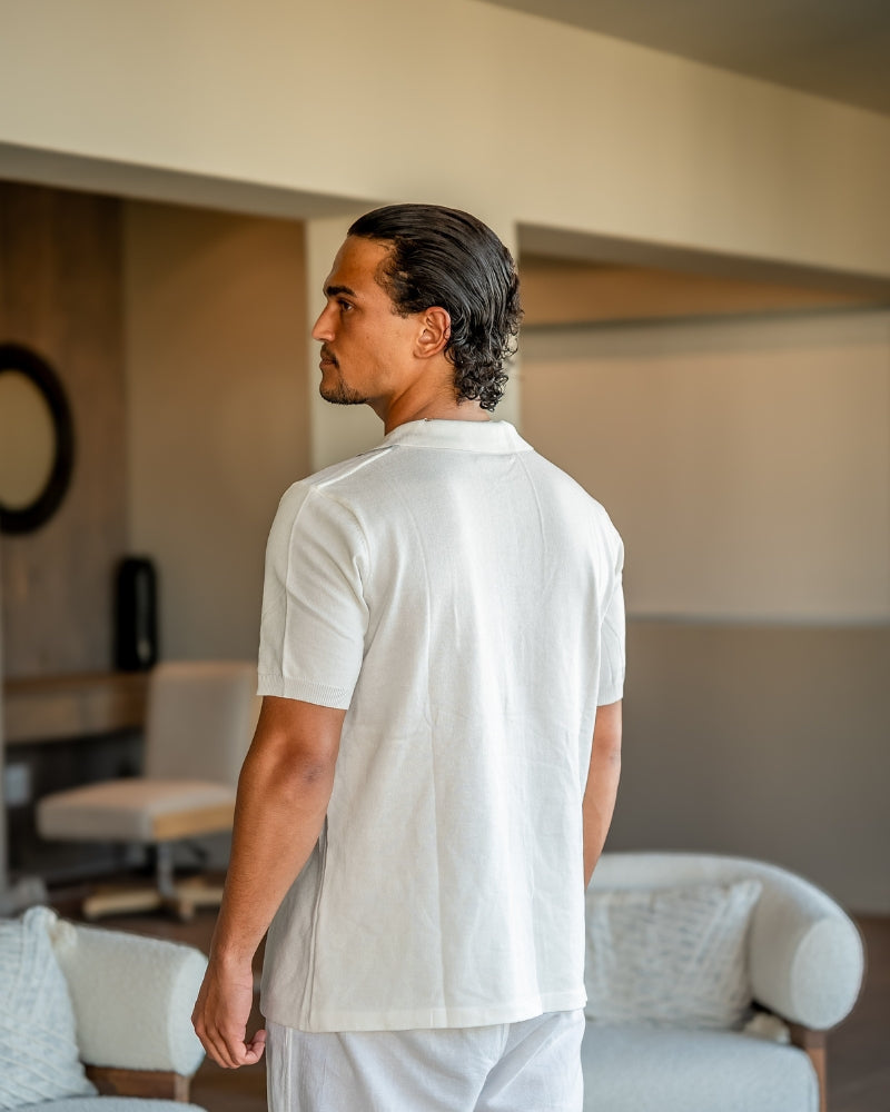 Men's White Button Polo With Twin Front Stripes - White