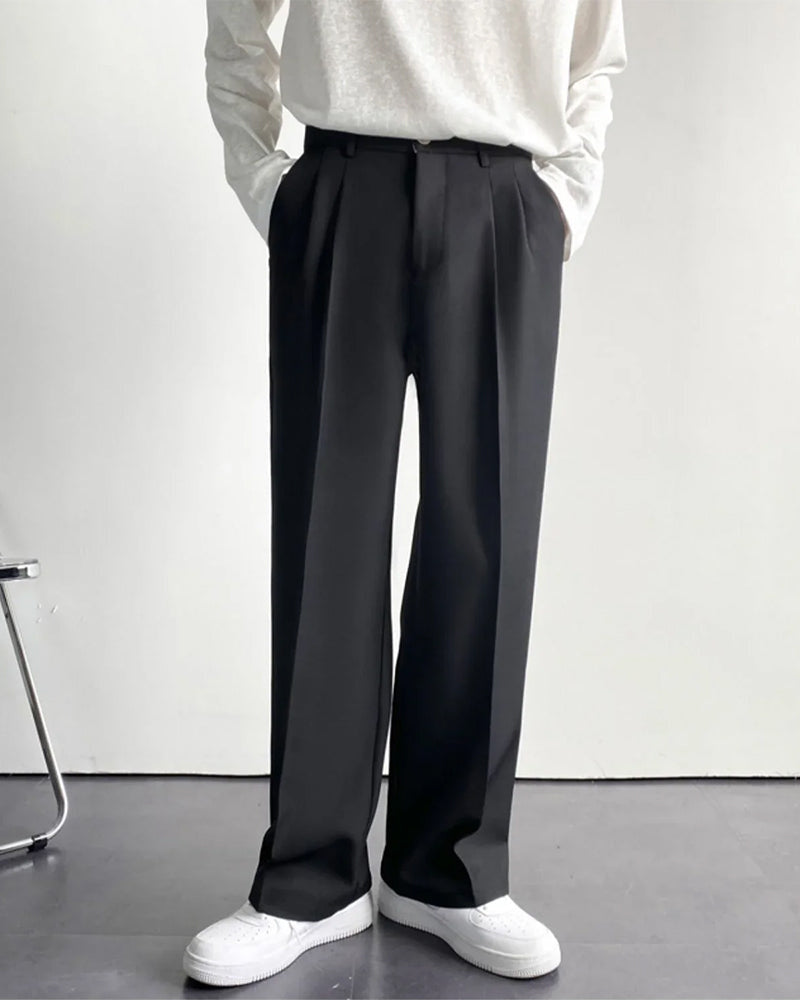 Men's Wide-Leg Pleated Trousers With Belt Loops - Black
