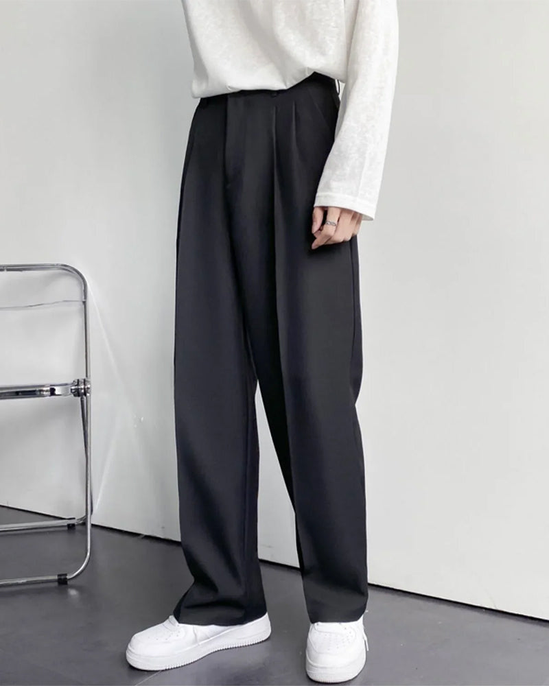 Men's Wide-Leg Pleated Trousers With Belt Loops - Black