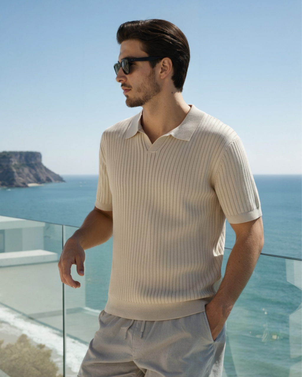 Men's Wide-Rib Open-Collar Polo With Short Sleeves - Beige