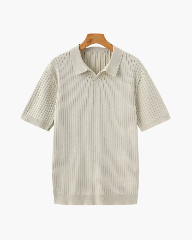 Men's Wide-Rib Open-Collar Polo With Short Sleeves - Beige