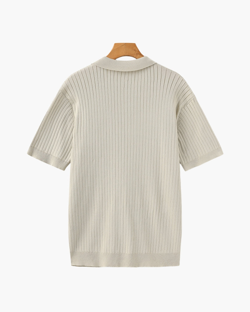 Men's Wide-Rib Open-Collar Polo With Short Sleeves - Beige