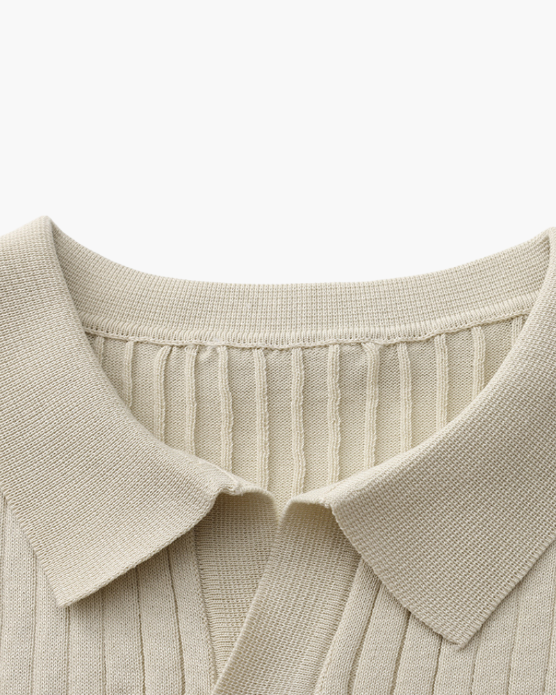 Men's Wide-Rib Open-Collar Polo With Short Sleeves - Beige