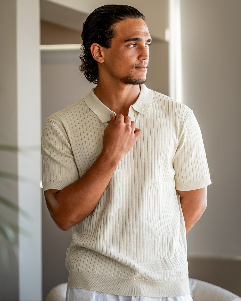 Men's Wide-Rib Open-Collar Polo With Short Sleeves - Beige
