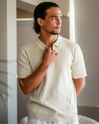 Men's Wide-Rib Open-Collar Polo With Short Sleeves - Beige