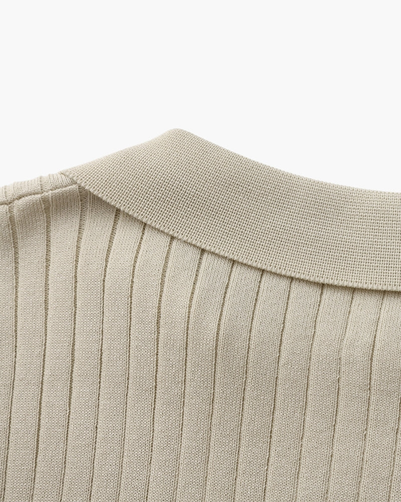 Men's Wide-Rib Open-Collar Polo With Short Sleeves - Beige