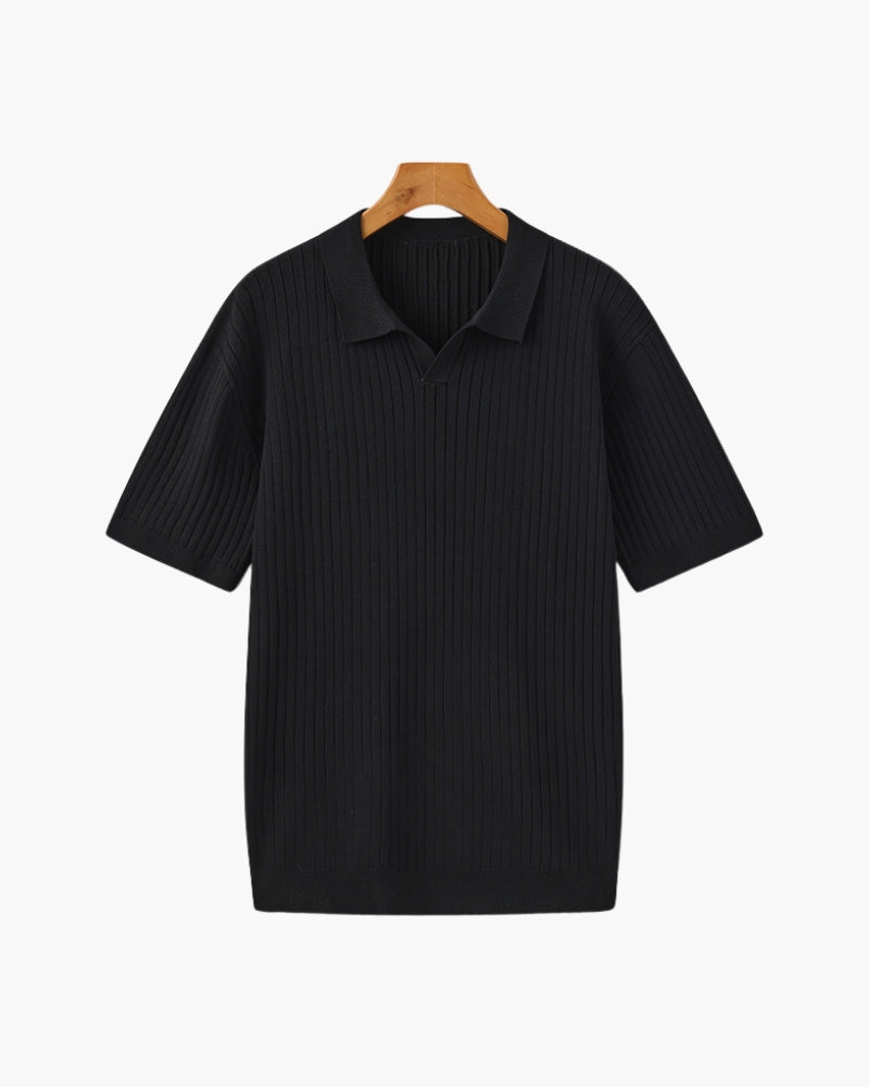 Men's Wide-Rib Open-Collar Polo With Short Sleeves - Black