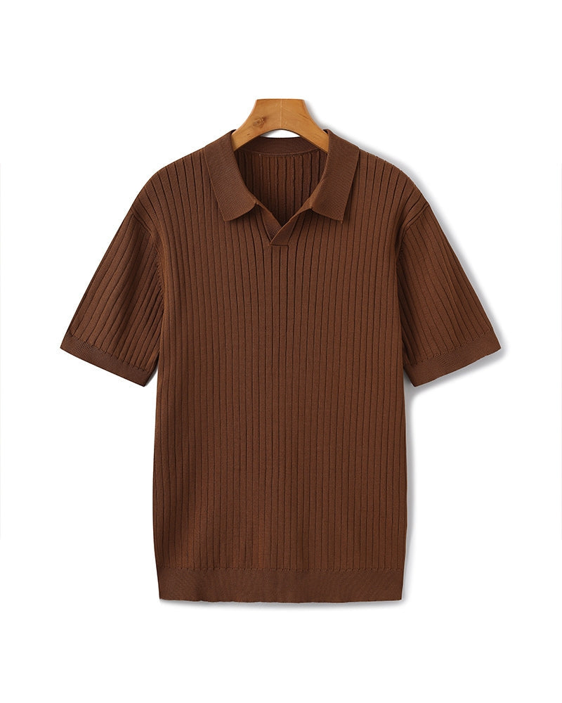 Men's Wide-Rib Open-Collar Polo With Short Sleeves - Brown