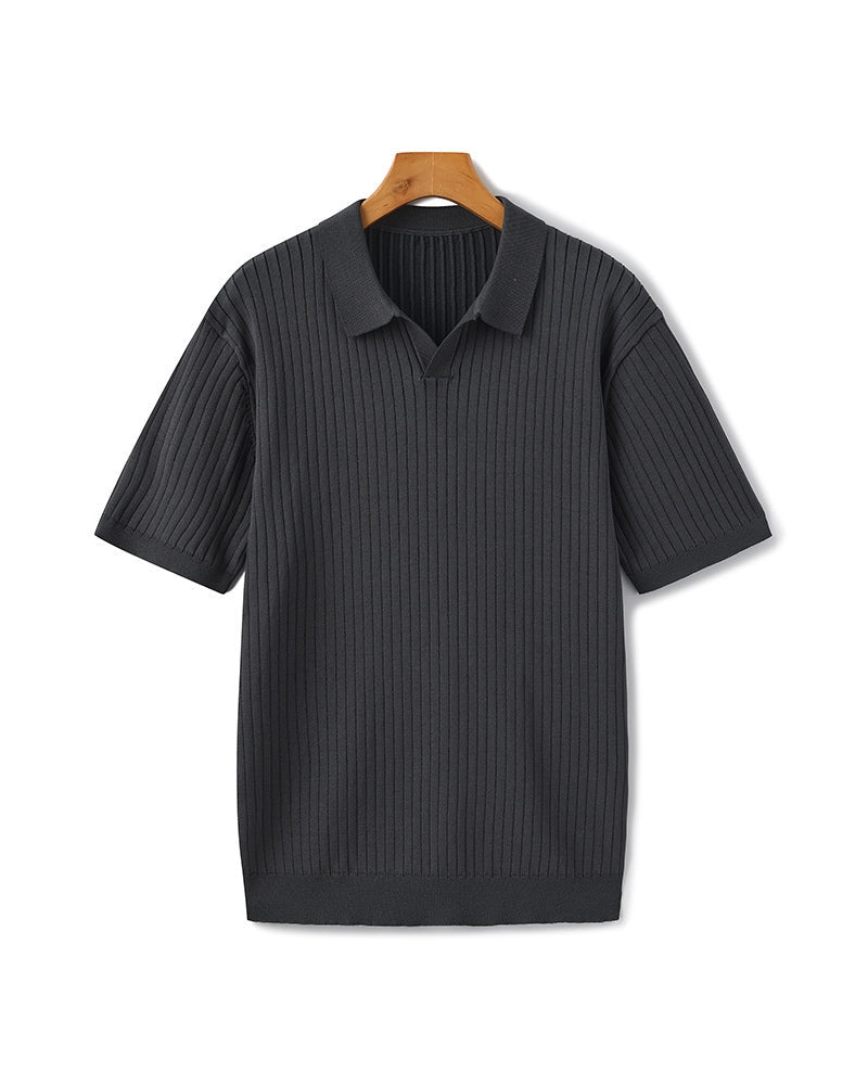 Men's Wide-Rib Open-Collar Polo With Short Sleeves - Gray