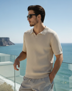 Men's Wide-Rib Open-Collar Polo With Short Sleeves - Beige