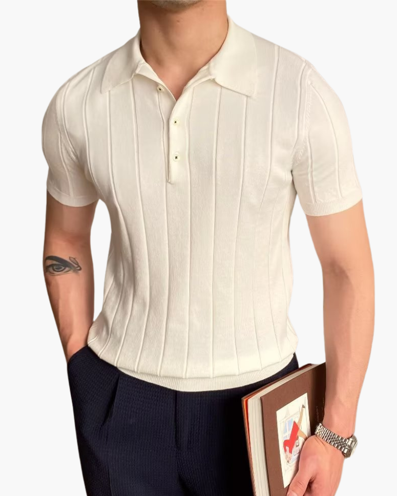 Men's Wide-Stripe Ribbed Polo With a Button Neck - White
