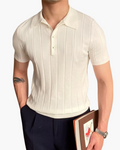 Men's Wide-Stripe Ribbed Polo With a Button Neck - White