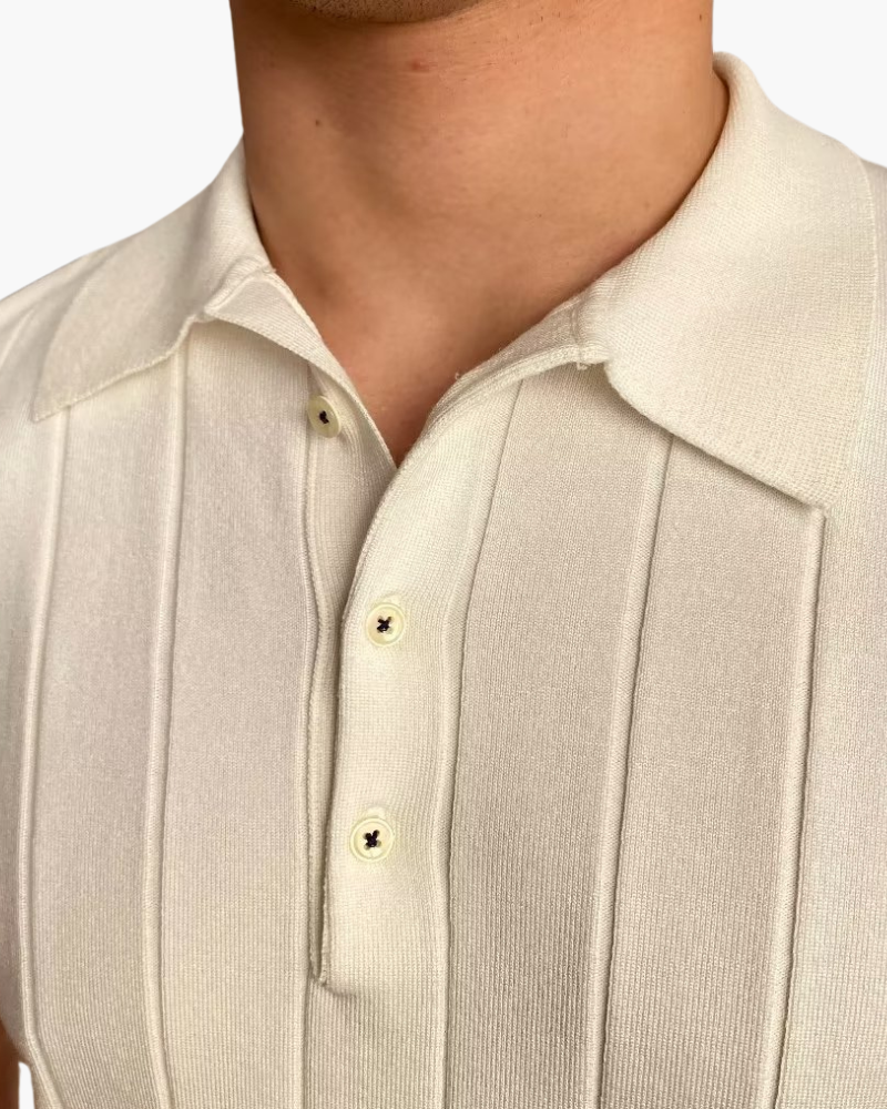 Men's Wide-Stripe Ribbed Polo With a Button Neck - White