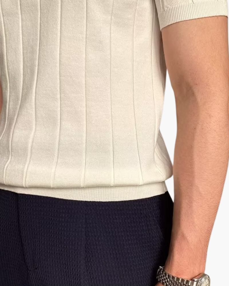 Men's Wide-Stripe Ribbed Polo With a Button Neck - White