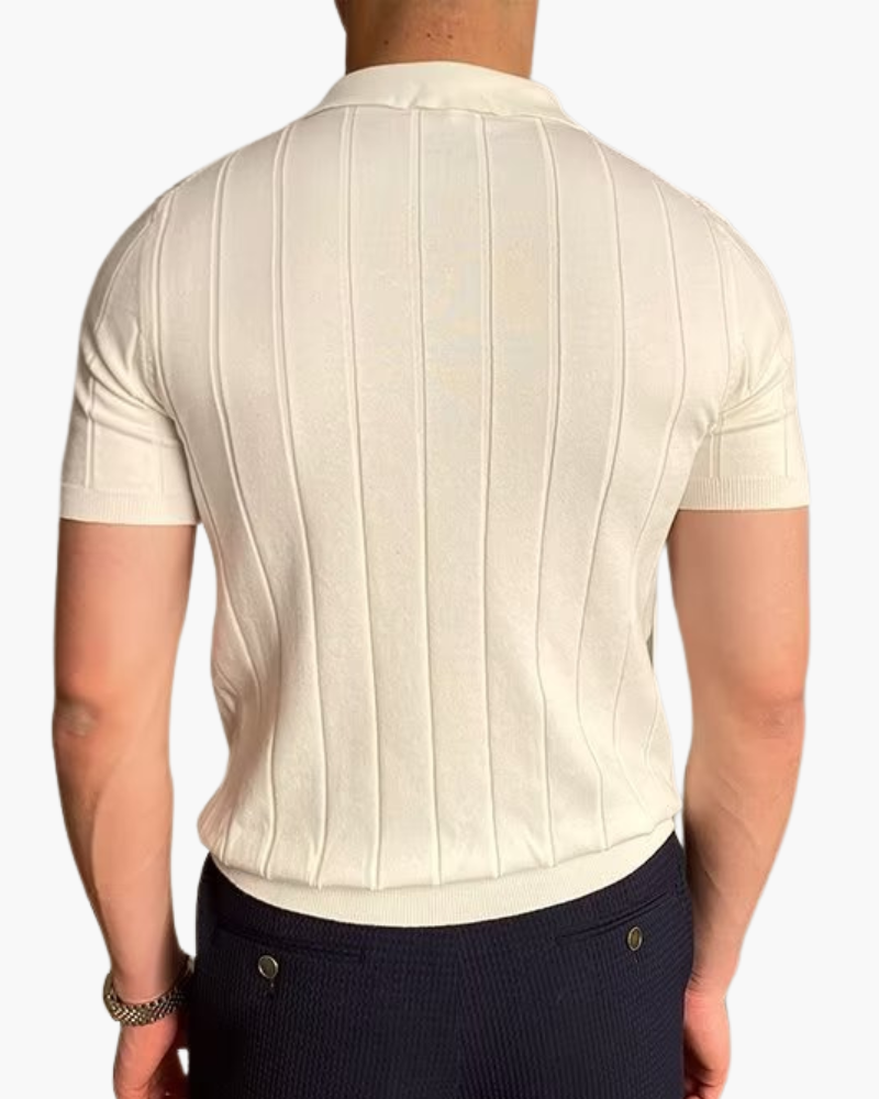 Men's Wide-Stripe Ribbed Polo With a Button Neck - White