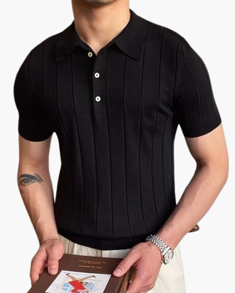 Men's Wide-Stripe Ribbed Polo With a Button Neck - Black