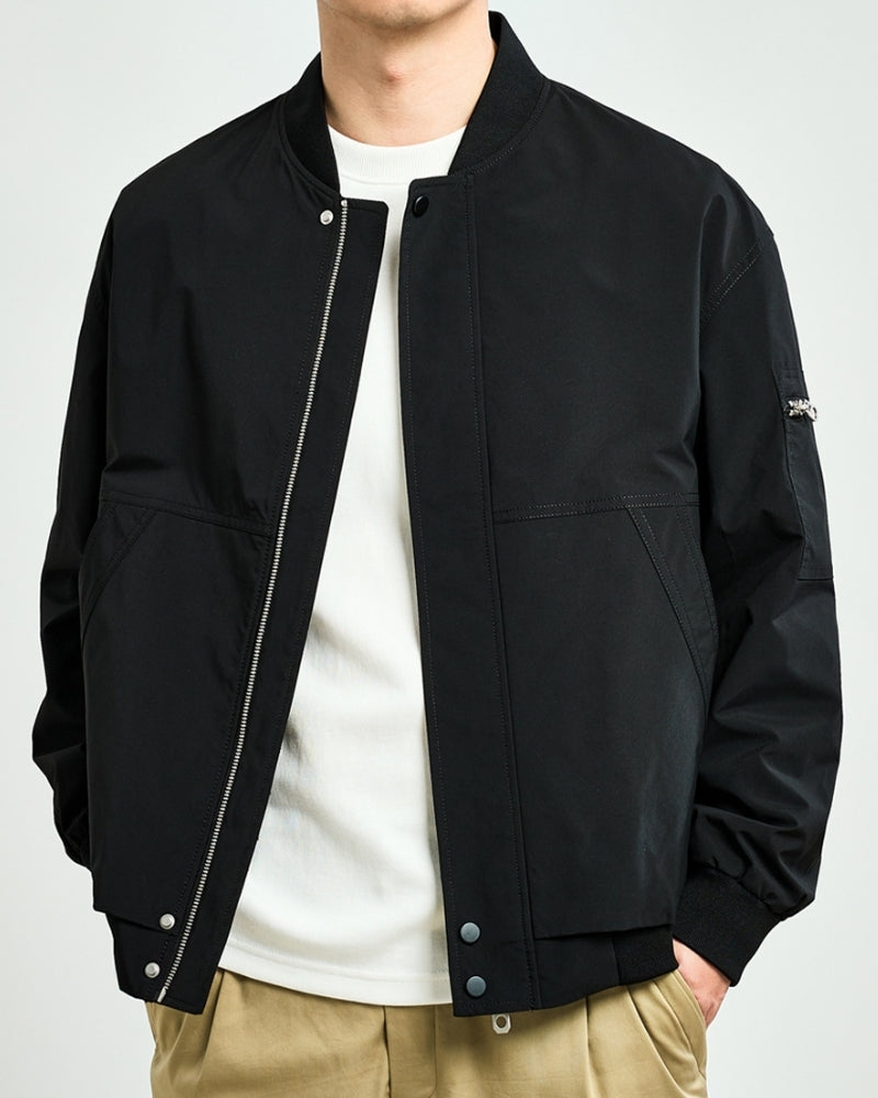 Men's Zip Bomber Jacket With a Zipped Sleeve Pocket - Black