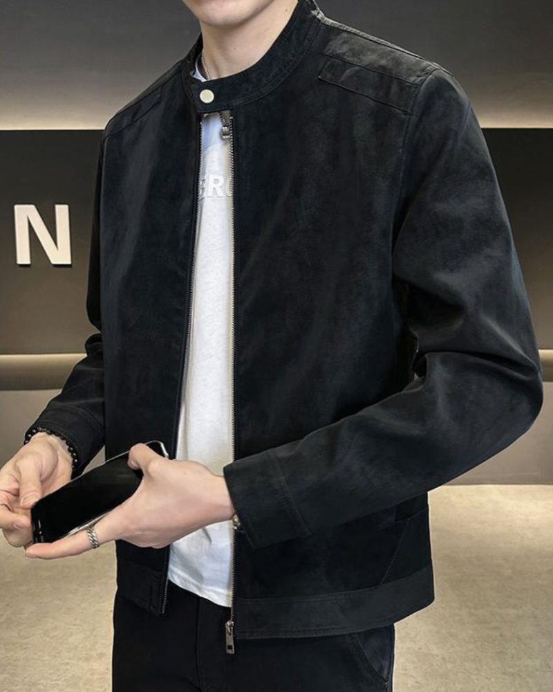 Men's Zip-Front Jacket With a Short Rounded Collar - Black