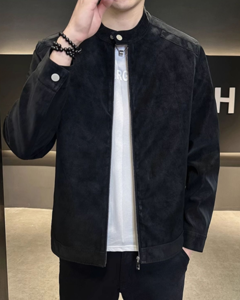 Men's Zip-Front Jacket With a Short Rounded Collar - Black