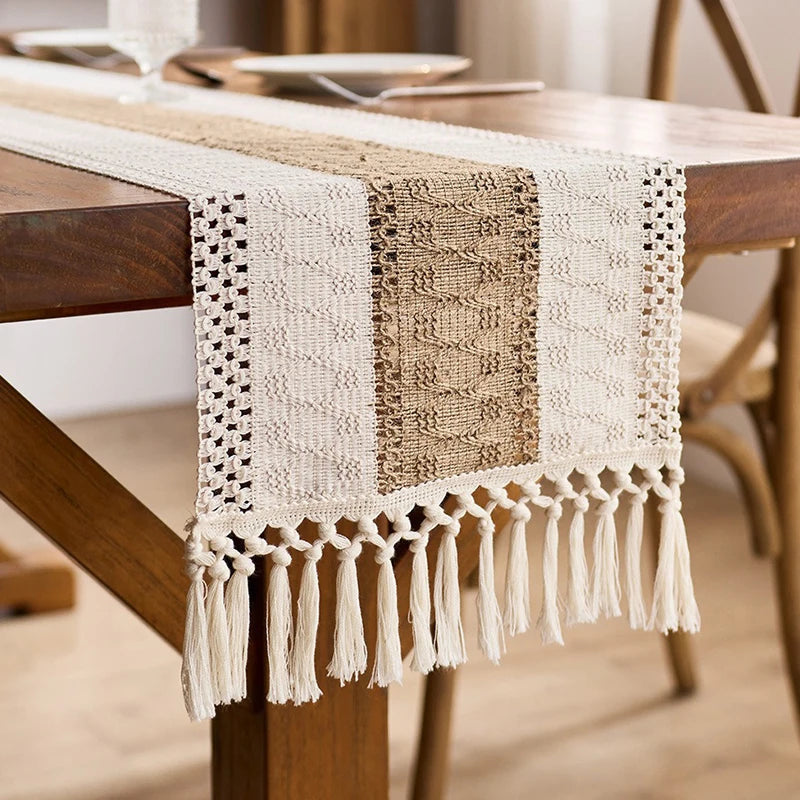 Table Runner Cotton-Linen Blend, Boho Striped Weave with Tassels