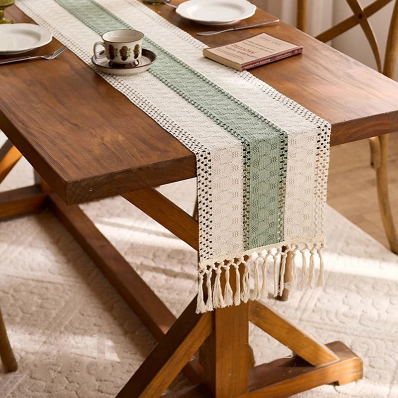 Table Runner Cotton-Linen Blend, Boho Striped Weave with Tassels