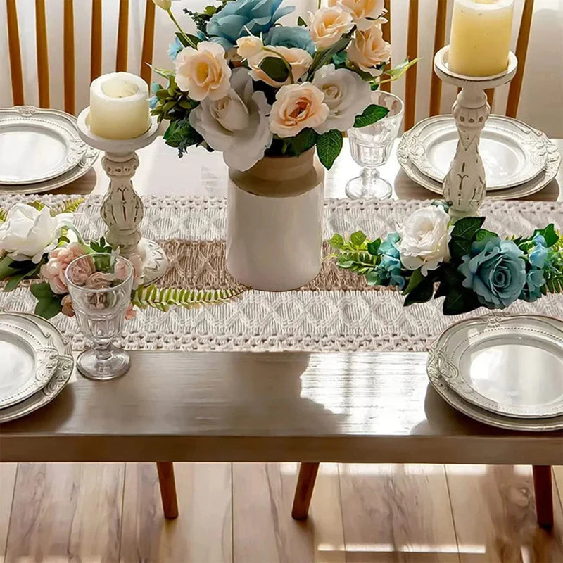 Table Runner Cotton-Linen Blend, Boho Striped Weave with Tassels