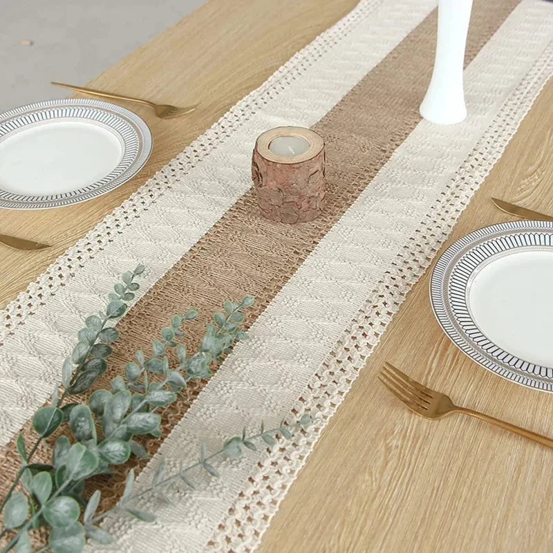 Table Runner Cotton-Linen Blend, Boho Striped Weave with Tassels