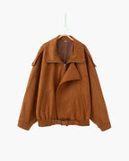 Women's Asymmetric Zip Jacket With a Wide Collar - Brown
