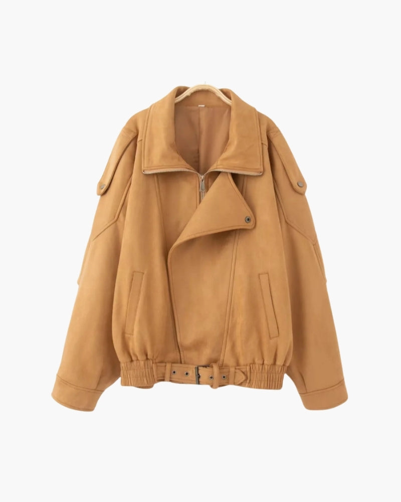 Women's Asymmetric Zip Jacket With a Wide Collar - Beige