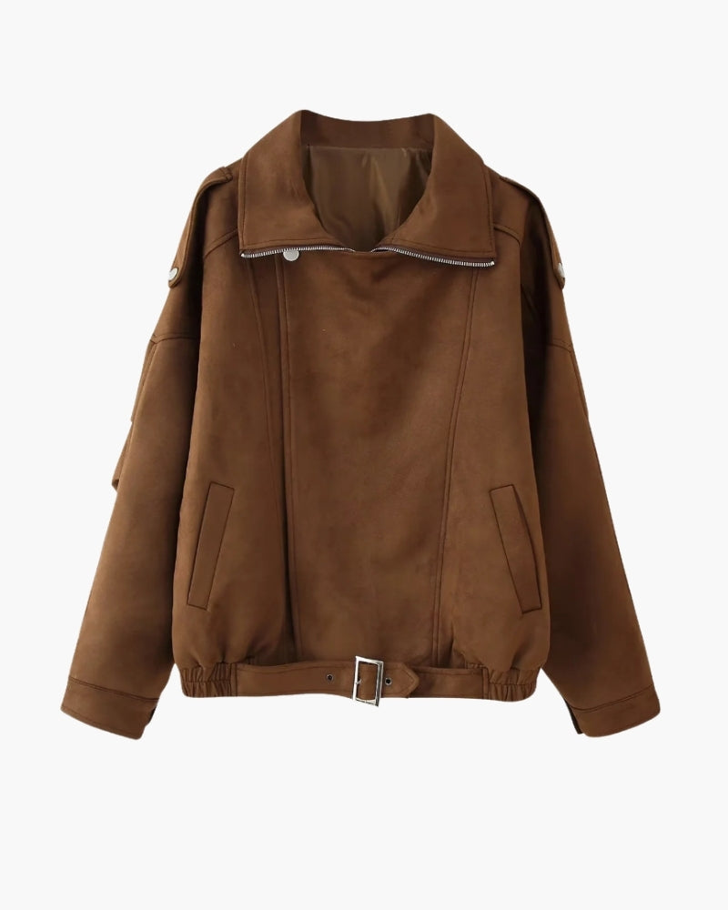 Women's Asymmetric Zip Jacket With a Wide Collar - Dark Brown