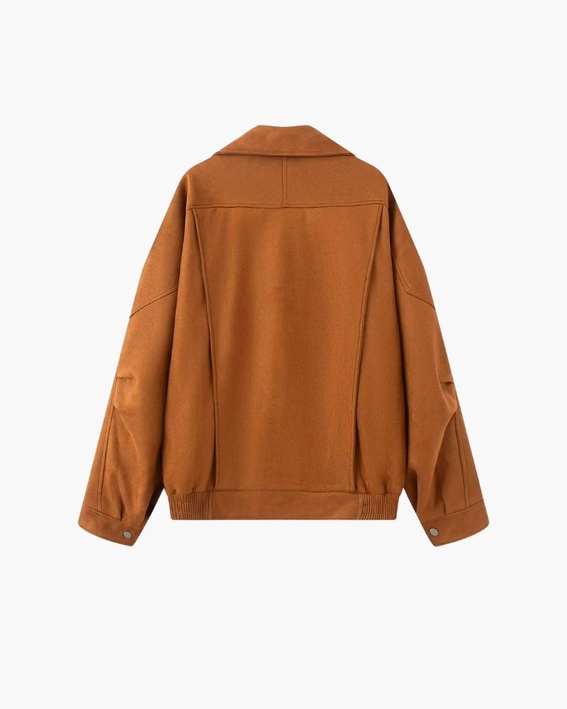 Women's Asymmetric Zip Jacket With a Wide Collar - Brown