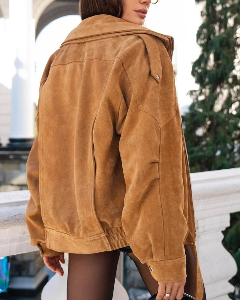 Women's Asymmetric Zip Jacket With a Wide Collar - Brown