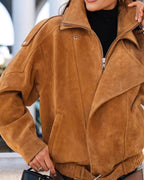 Women's Asymmetric Zip Jacket With a Wide Collar - Brown