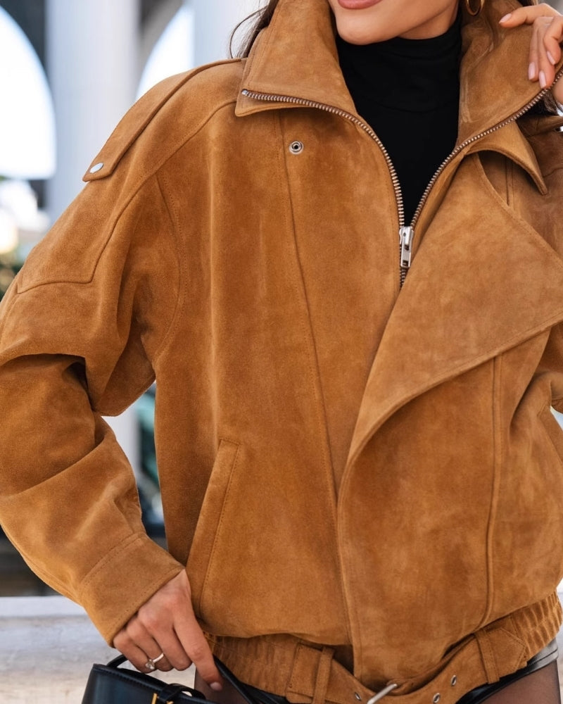 Women's Asymmetric Zip Jacket With a Wide Collar - Brown