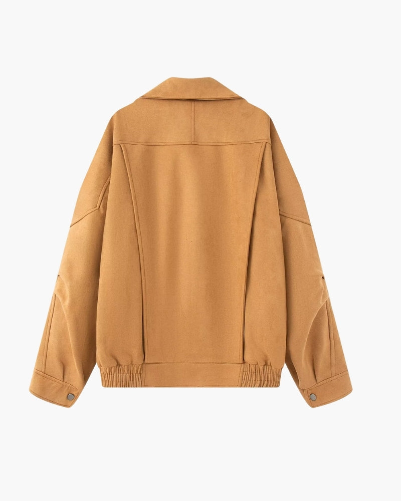 Women's Asymmetric Zip Jacket With a Wide Collar - Beige