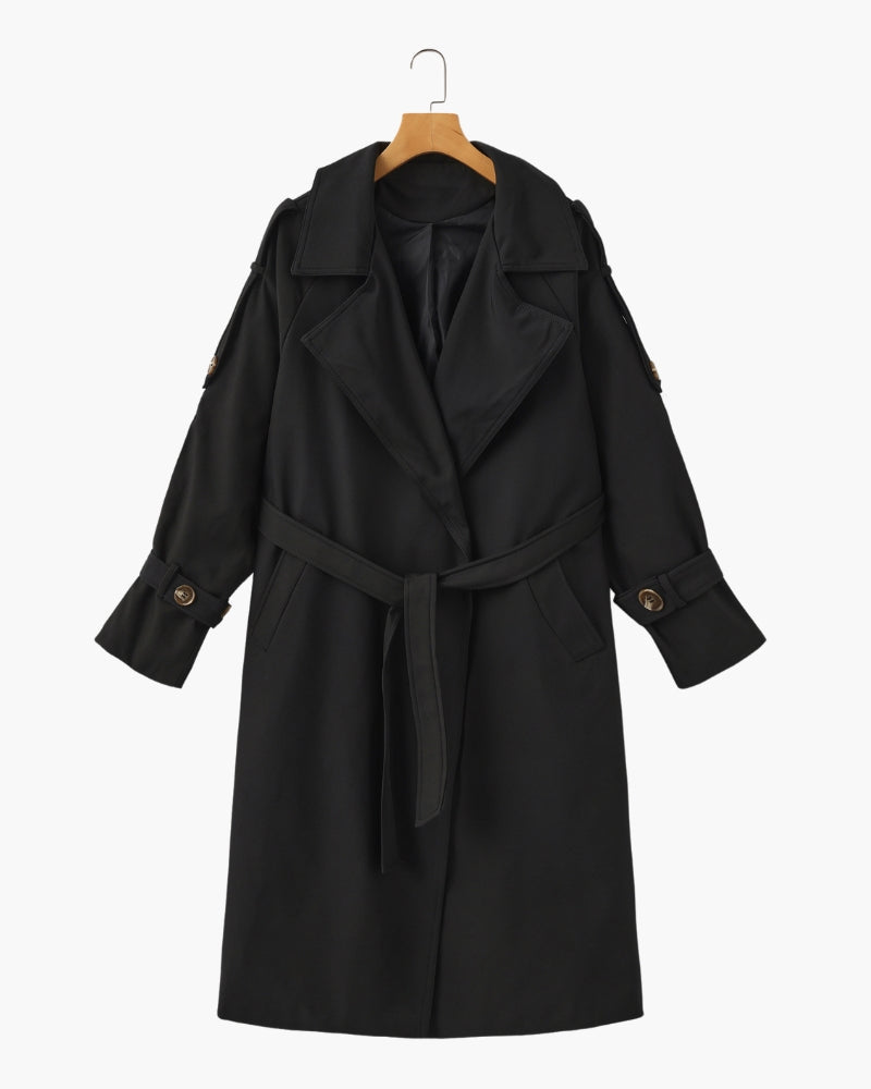 Women's Belted Trench Coat With a Layered Back - Black